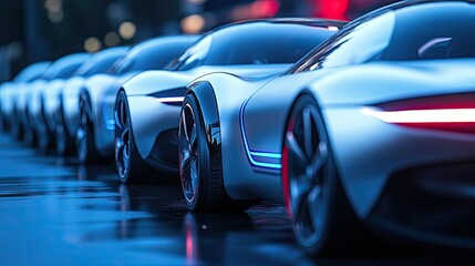 Sleek Modern Electric Cars in a Futuristic Urban Setting with Reflective Wet Streets and Neon Lights