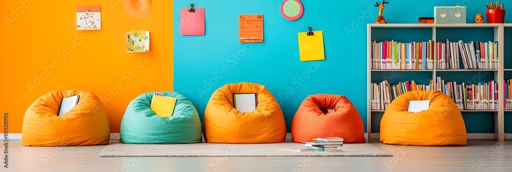 Aufkleber Inviting library corner with vibrant lighting comfy bean bags and ample bookshelves creating a serene and inspiring space for reading learning and relaxation