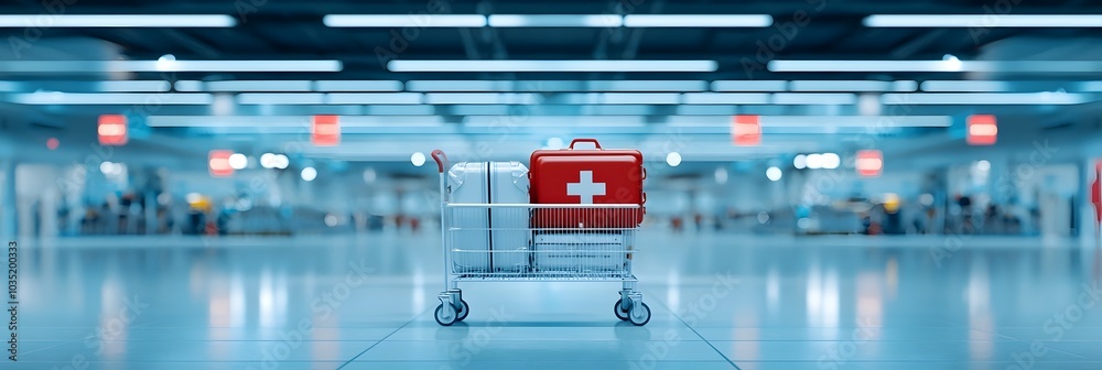 Poster Luggage Trolley Waiting Alone in the Empty Airport Terminal With Blurred Background Lights Creating a Serene and Minimalist Atmosphere