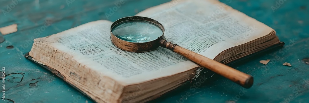 Poster Magnifying glass resting on an open encyclopedia representing the concept of curiosity research and the pursuit of knowledge  The image symbolizes the desire to explore discover