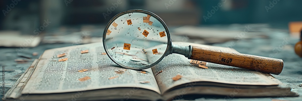Poster Magnifying glass resting on the open pages of an encyclopedia symbolizing the pursuit of knowledge research and curiosity  The image represents the desire to explore discover