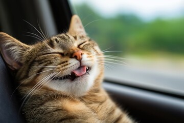 A relaxed tabby kitten with its head against a car window, eyes closed, mouth slightly open, and tongue out, enjoying the fresh air and peaceful car ride