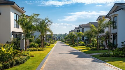 A newly developed residential community with stylish homes and landscaped gardens, symbolizing high market demand and profitability