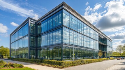 Obraz premium A stunning office building with modern glass architecture, representing a profitable business property investment in a prime location