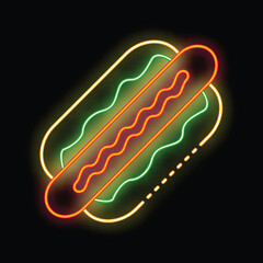 Glowing neon illustration of a hot dog with mustard and relish on a black background