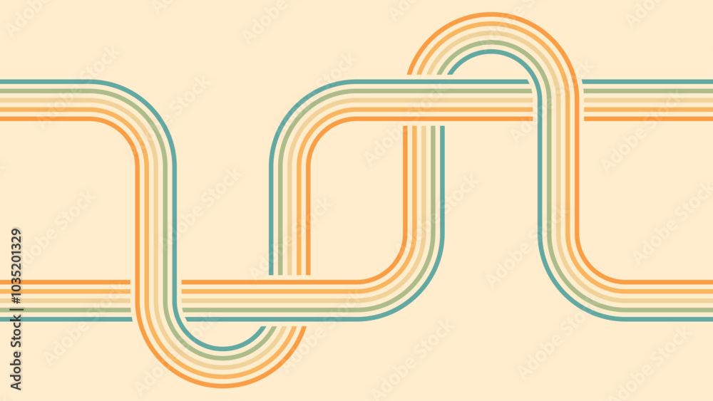 Wall mural abstract background of rainbow groovy wavy line design in 1970s hippie retro style. vector pattern r