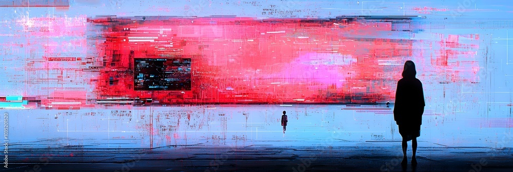 Leinwandbilder Mesmerizing Digital Glitch Effect with Distorted Lines and Pixels in Vibrant Color Gradient  Abstract futuristic and technologically inspired digital art creation with a surreal psychedelic