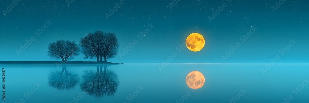 Aufkleber Mesmerizing reflection of the full moon shimmering on the still glassy surface of a serene lake surrounded by the silhouettes of tall trees in the tranquil atmospheric night