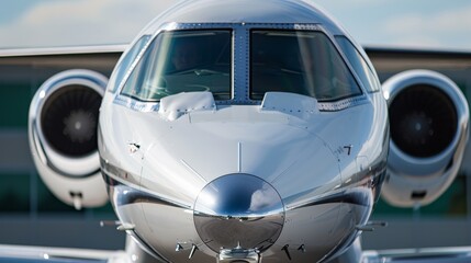 A close-up of an airplane's nose cone and windshield, with reflections of the surroundings, Aviation setting with aerodynamic shapes