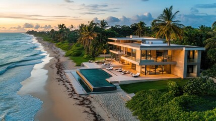 Fototapeta premium A high-end beachfront property with modern design and premium features, symbolizing a strong return on investment in luxury real estate