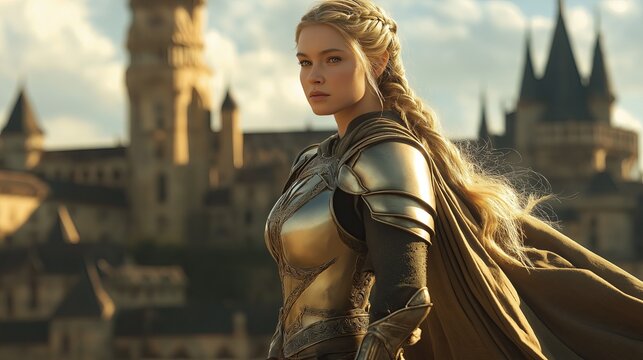 Blonde young girl in medieval armor.