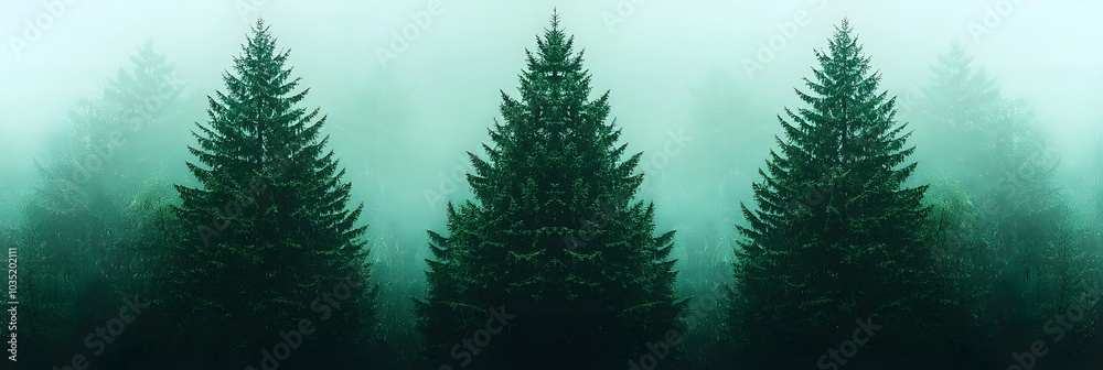 Poster Mystical fog rolling over a dense pine forest creating a moody and atmospheric landscape with a sense of mystery and tranquility  The hazy mist shrouds the trees