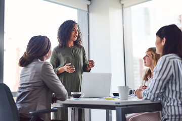 Leader, training and group of business women in meeting, coaching or learning in creative startup....