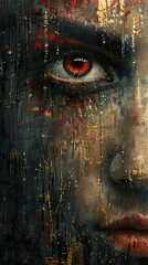 Intense Gaze: Abstract Portrait with Red Eye and Gold Accents