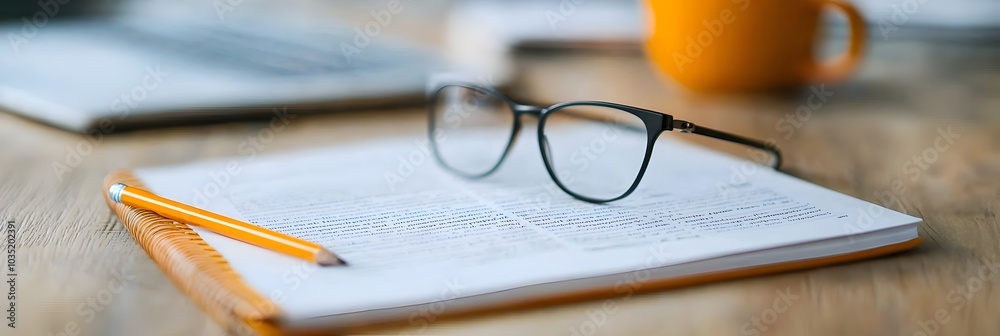 Aufkleber Overhead view of an open textbook lying on a wooden desk with a pencil and pair of glasses placed beside it representing the tools and environment of academic study and learning