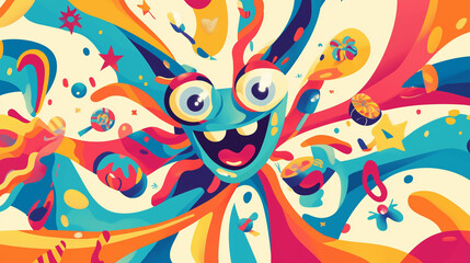 Colorful Abstract Character With Wide Eyes And Vibrant Swirls Representing Playful Chaos