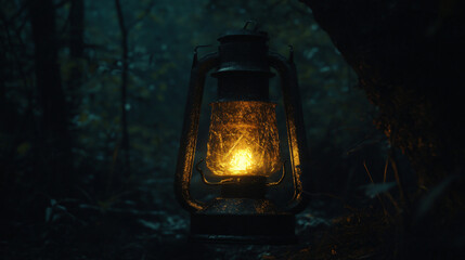 A flickering lantern revealing a shadowy figure lurking in the dark.