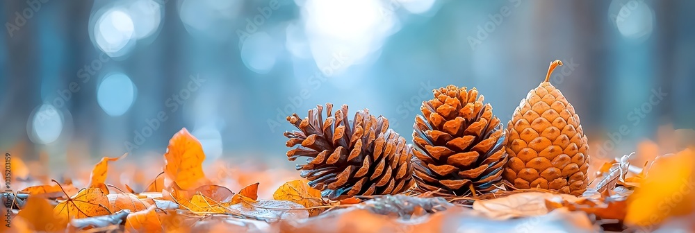 Poster pinecones and fallen leaves scattered along a peaceful forest trail creating a serene and natural au