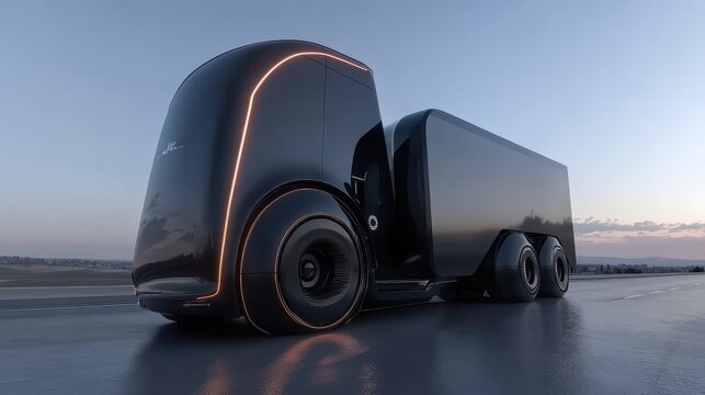 Autonomous delivery truck on a highway, futuristic logistics technology, sleek design