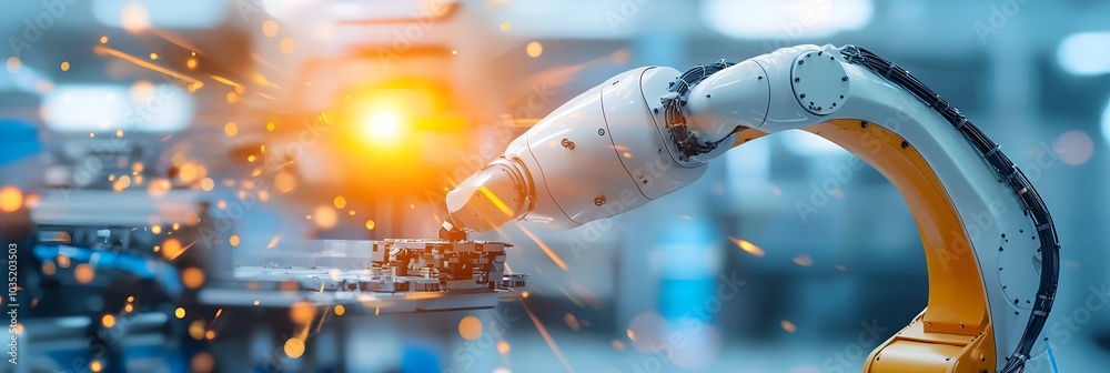 Poster robotic arm assembling electronic components on an automated industrial production line in a modern 