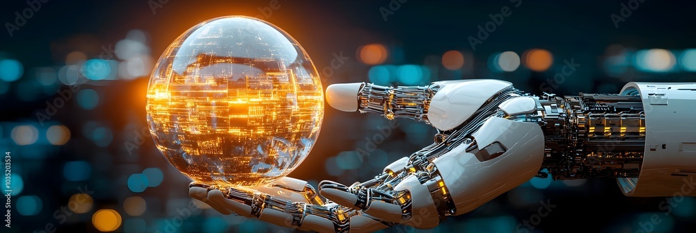 Poster robotic hand grasping a luminous ai powered sphere that represents the innovative technology and fut