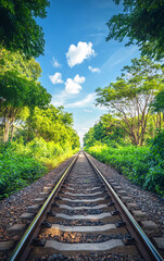 Obraz premium Railway tracks stretching into the distance, surrounded by lush green trees and clear blue sky, creating depth and perspective in a serene natural landscape.