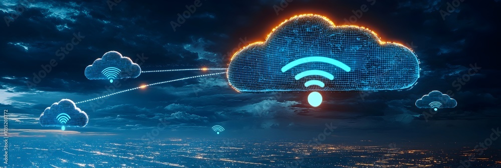 Poster seamless digital connectivity glowing wi fi symbols and cloud icons integrated to represent the inte