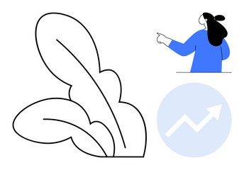 Simple design of a woman pointing, large stylized leaves, and an upward arrow on a blue circle. Ideal for growth, progress, nature, guidance, business. Clean minimalist style