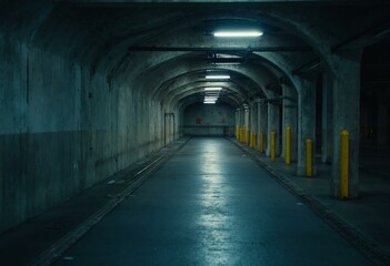 Fototapeta premium Dimly Lit Underground Tunnel With Concrete Walls And Hanging Lights