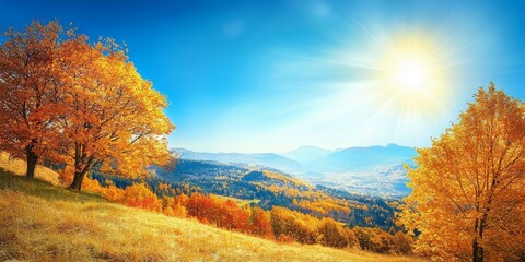 Sunny autumn day in the mountains with rolling hills covered in vibrant golden trees