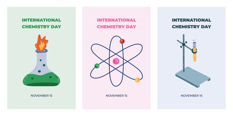 Set of cute vertical posters for International Chemistry Day at November 15 with cartoon science and chemical clipart. Minimalistic holiday concept for banner, background template for website, media.