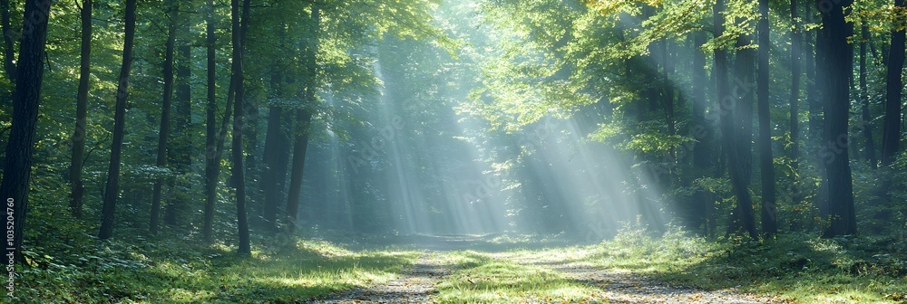 Poster soft dappled sunlight filtering through the dense lush foliage of a tranquil forest canopy casting a