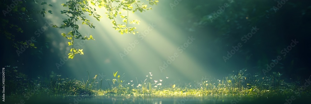 Poster soft golden sunlight filtering through the dense foliage of a lush forest casting a gentle play of s