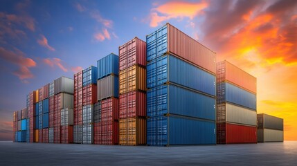 Cargo containers stacked at a large shipping yard, sunset lighting, logistics industry