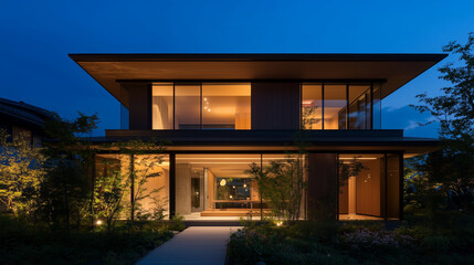 Nighttime view of a modern Japanese home illuminated softly, showcasing architectural features like large windows and natural materials, FamiliesInJapan, modern home, aesthetics, c