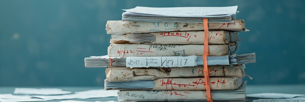 Stacked pile of exam papers with red markings highlighting the academic evaluation and assessment process for students and their educational achievements