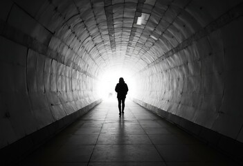 Person Walking Towards Bright Light In Textured Tunnel