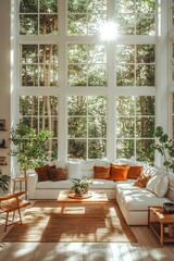 Spacious living room with white sectional sofa, warm pillows, floor-to-ceiling windows, natural wood decor, sunlight, indoor plants, and forest view.