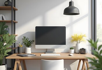 Modern computer with blank screen on desk, space for design. Comfortable workplace
