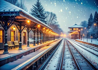 Serene Winter Landscape at a Snow-Covered Train Station with Tranquil Tracks and Platforms for Urban Exploration Photography