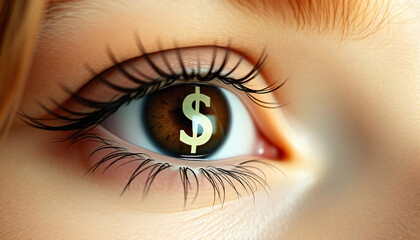 Close-up of a human eye with a dollar sign symbol reflected in the iris