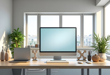 Modern computer with blank screen on desk, space for design. Comfortable workplace
