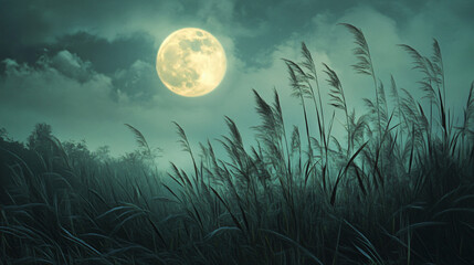 Fototapeta premium A field of tall grass swaying under the light of a full moon, creating a ghostly effect.