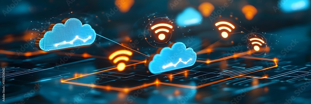 Poster vibrant glowing wi fi and cloud icons connected by luminous lines symbolizing the seamless digital c