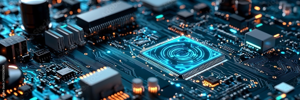 Poster vibrant glowing neon blue and green circuit board patterns against a dark background creating a futu
