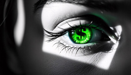 Close-up of a human eye with a dollar sign symbol reflected in the iris