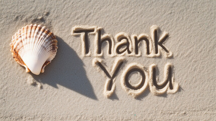 Close-up of "Thank You" written in sand with a seashell beside it, uncluttered background, appreciation, natural setting, simplicity