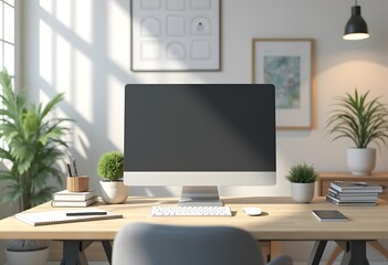 Fototapeta premium Modern computer with blank screen on desk, space for design. Comfortable workplace 