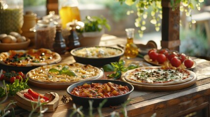 Obraz premium A variety of pizzas displayed on a wooden table