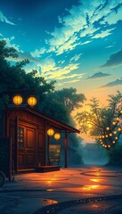 Fototapeta premium Cityscape bathed in golden hues, ancient architecture silhouetted against a fiery sunset, urban tranquility enveloped in the soft glow of streetlights